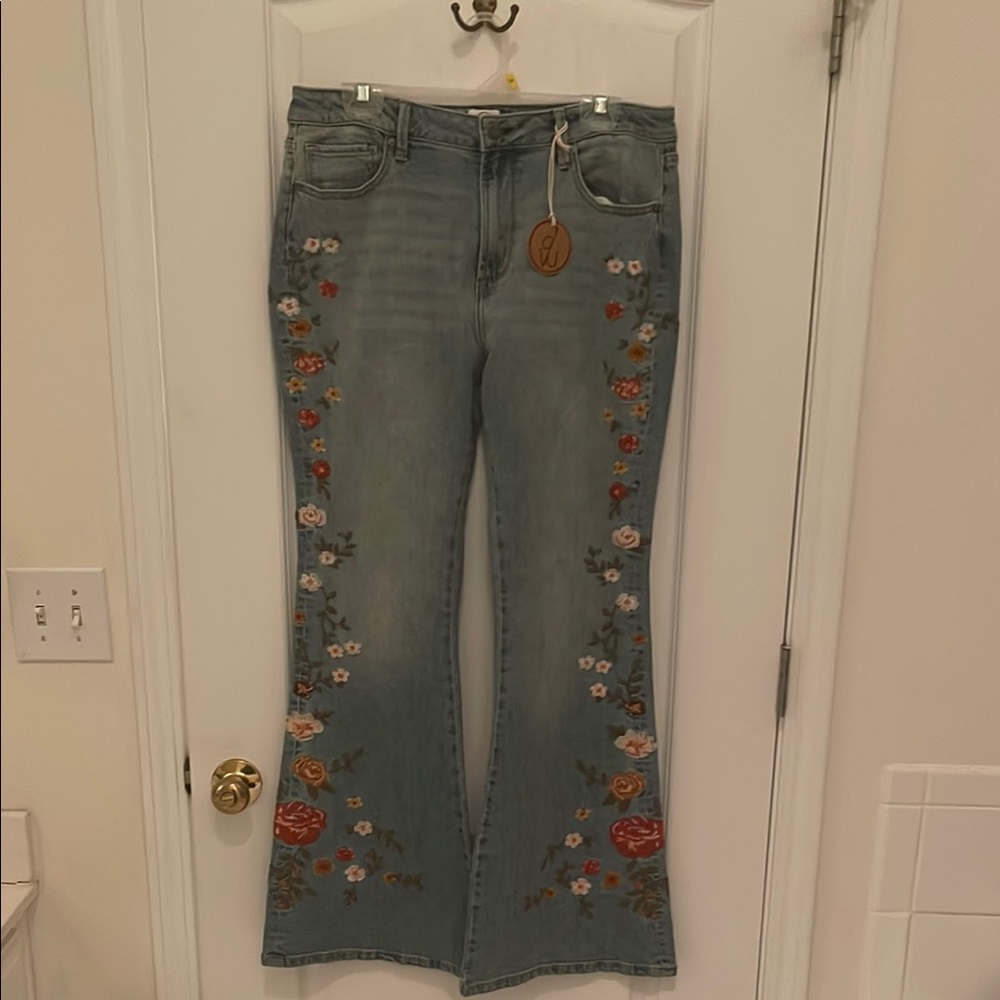 DRIFTWOOD Light Blue Embroidered Flare Jeans with Floral Trim